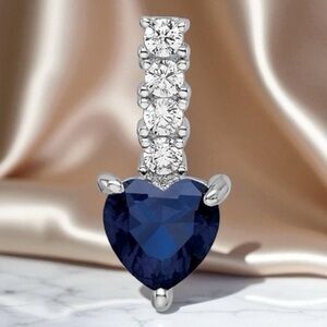 925 Sterling Silver Cr. Blue Spinel and CZ Heart Necklace Mini Charm Pendant